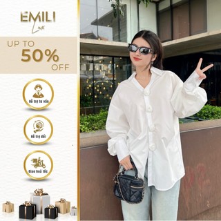 Áo sơ mi form rộng Hàn Quốc Emili sơ mi cổ V đính hoa kiểu nữ phong cách 