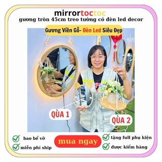 Gương đèn led ( kèm quà ) . gương tròn treo tường viền gỗ dây thừng trang trí decor phòng size tròn 45cm mirrortoctoc