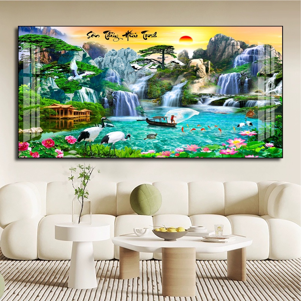 Tranh Phong Cảnh Sơn Thủy Hữu Tình Tráng Gương Khổ Lớn, Treo Tường Phòng Khách Hợp Phong Thủy, Quà Tặng Tân Gia Ý Nghĩa