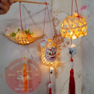 Lồng đèn trung thu cho bé, lồng đèn con thỏ rọ tre, lồng đèn thuyền thỏ đèn led đuôi ngọc decor quà tặng trung thu