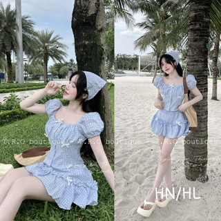 Set ba món kẻ caro đính nơ áo croptop tay bồng chân váy xòe tiểu thư kèm khăn hot hit đi biển đi chơi LuciK Shop SB0074