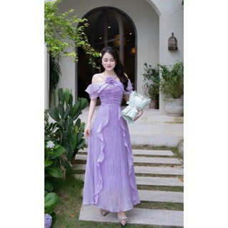 Đầm xốp maxi mặc đi biển chất vải mịn mát cổ yếm trễ vai hoa phối bèo lượn sóng from váy xòe nữ tính