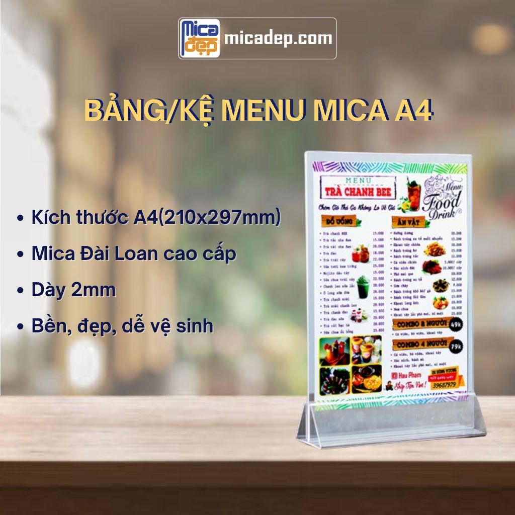 Menu mica A4 đế chữ A để bàn | Kệ menu mica A4 | Bảng menu mica & Bảng quét mã QR CODE