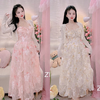 Set tơ thêu hoa váy maxi 2 dây kèm áo cadigan ren mỏng, hàng thiết kế