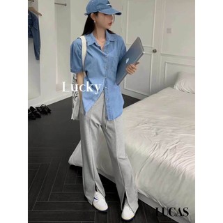 Áo sơ mi jean xanh nhạt cổ đức tay ngắn dáng suông basic