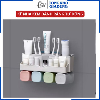 Kệ để đồ nhà tắm, treo bàn chải đánh răng, nhả kem tự động, tặng kèm 2/3/4 cốc, không cần khoan tường