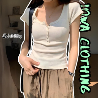 Áo babytee tay ngắn nút bấm dáng dài cổ vuông chất thun gân dày, áo thun kiểu khuy bấm ôm body nữ iowa