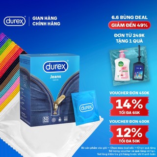 Bao cao su Durex Jeans cơ bản, bôi trơn, size 52.5mm, hộp 30 bao