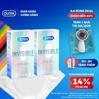 Bộ 2 hộp bao cao su Durex Invisible siêu mỏng, bôi trơn size 52mm, hộp 10 bao