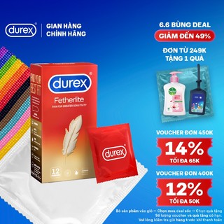 Bao cao su Durex Fetherlite siêu mỏng, size 52.5mm, 12 bao/hộp
