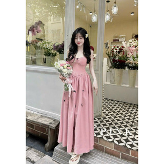 Đầm dáng dài xoè rộng chất tăm lạnh đính nơ mặc đi chơi mẫu 2 dây màu xinh xắn