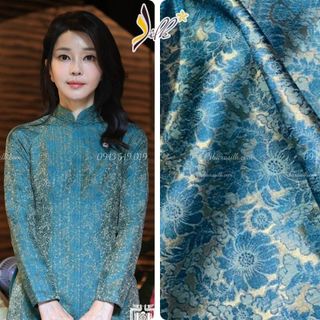 Lụa may áo dài - silk – hoa cúc màu xanh cổ vịt nền vàng – cu22