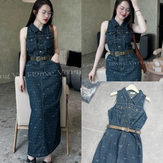 Váy Jean Nữ Dáng Dài Sát Nách Kèm Đai Họa Tiết Size S M - Halinh Shop - Váy Cổ Yếm Sơ Mi Nữ Maxi Jean QcL1