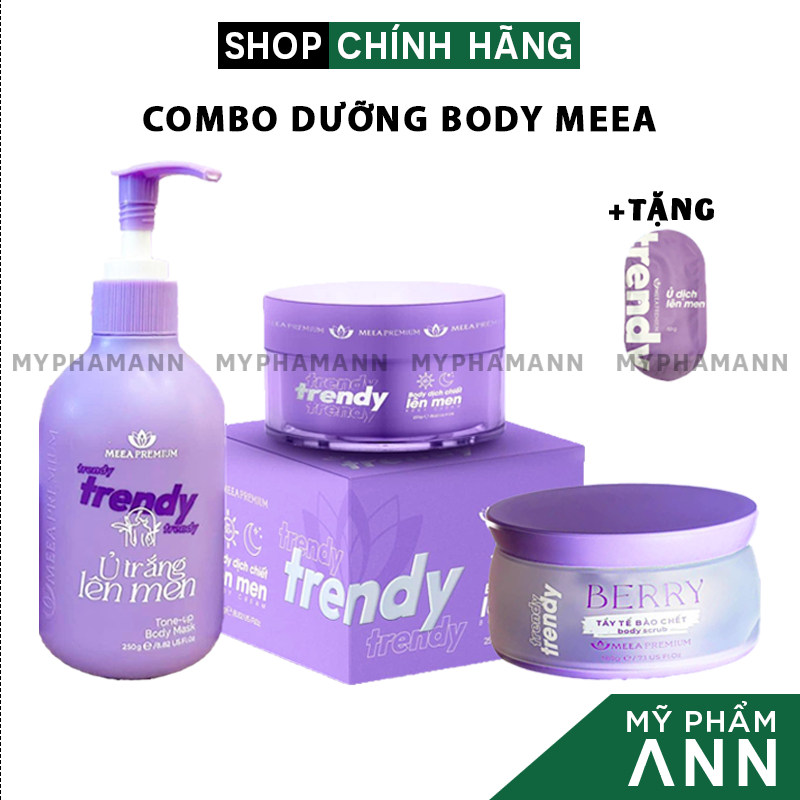 Combo Dưỡng Body Trendy MEEA Organic Chính Hãng - Kem Body Trendy + Ủ Trắng Lên Men+ Tẩy Tế Bào Chết Berry Tặng kèm quà