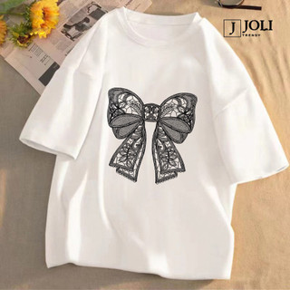 Áo Thun Nữ, Áo Phông Nam Nữ Unisex Tay Lỡ By JOLI Mã TN Lace Bow In Hình Chất Cotton Form Rộng Phong Cách Ulzzang
