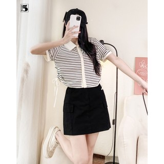 Áo thun nữ Twentyfive ngắn tay kẻ, cổ polo, có hàng cúc giữ đóng được, phối cổ và viền áo 5946