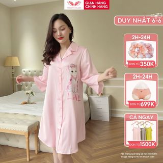Váy sơ mi dáng dài lụa Pháp màu hồng VINGO love cat N484 VNGO