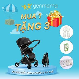 Xe đẩy 2 chiều Genmama có thể gấp gọn cho bé, xe nôi cho bé đa tư thế, có bánh xe và phanh