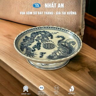 Mâm bồng đĩa trầu sen rồng, đĩa đựng hoa quả trái cây cúng men rạn nghệ nhân gốm sứ cao cấp Bát Tràng, đồ thờ cúng