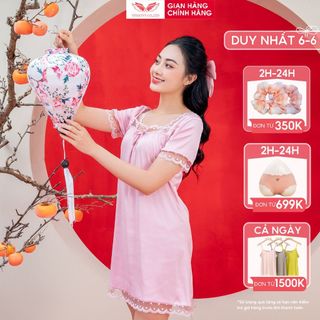 Váy ngủ đồ ngủ mặc nhà lụa cao cấp phối ren thanh lịch VINGO thiết kế tay ngắn cổ vuông sang chảnh N399 VNGO