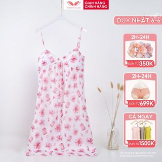 Váy ngủ 2 dây voan tơ lót lụa VINGO dáng suông hoa hồng ngọt ngào N459
