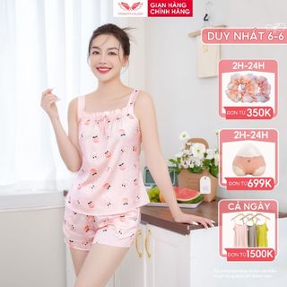 Đồ bộ ngủ 2 dây mặc nhà bản to lụa Pháp cao cấp mùa Hè VINGO quần đùi hoạ tiết mèo nhỏ và quả đào màu hồng N465 VNGO
