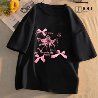 Áo Thun Nữ, Áo Phông Nam Nữ Unisex Tay Lỡ By JOLI Mã TN Pink Bow In Hình Chất Cotton Form Rộng Phong Cách Ulzzang