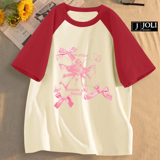 Áo Thun Nữ, Áo Raglan Tee Unisex By JOLI Pink Bow Chất Cotton Form Rộng Cho Nam Nữ