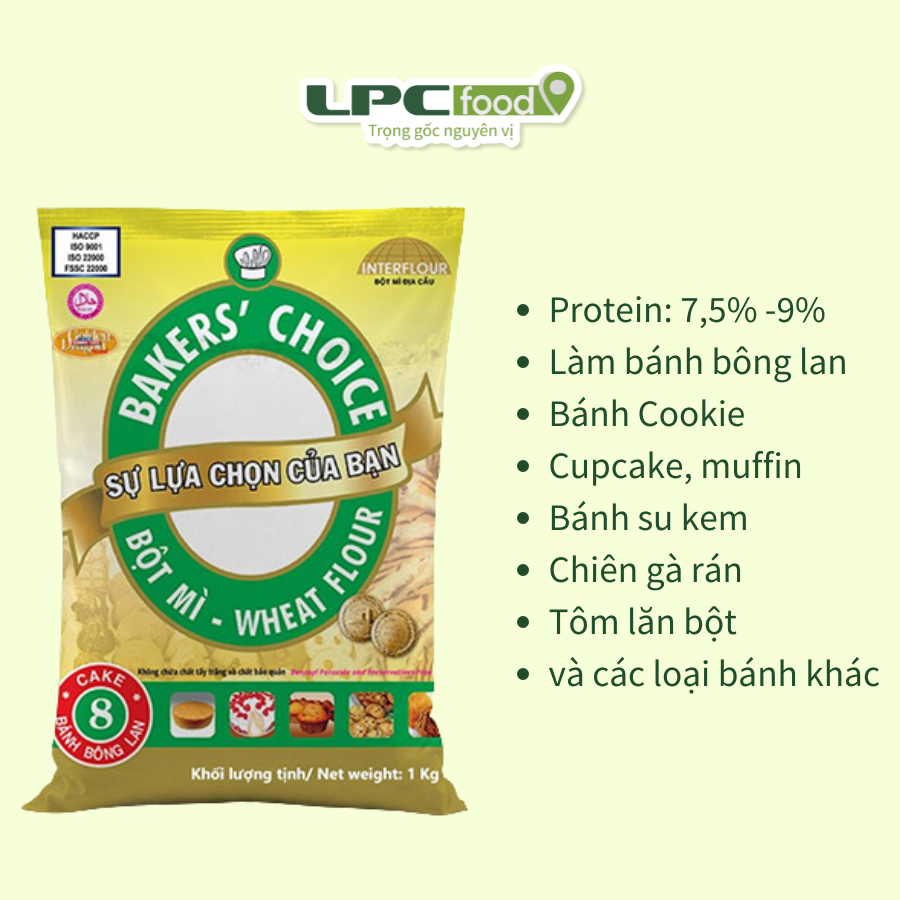 Bột mì Baker's choice 8 - 1Kg - Bột làm bánh bông lan, chiên tẩm, crep - LPCfood