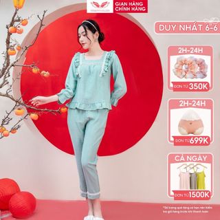 Đồ bộ mặc nhà Pijama đũi VINGO tay dài quần dài dáng babydoll phối viền bèo dễ thương H893 VNGO