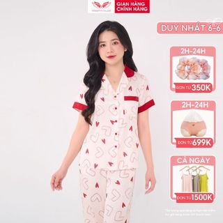 Pijama lụa bộ đồ ngủ mặc nhà cao cấp VINGO tay ngắn quần dài trái tim mặc mùa Hè thoải mái H1062 VNGO