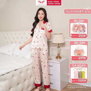 Đồ bộ Pijama lụa mặc nhà mùa Hè VINGO tay ngắn quần dài trái tim đỏ thanh lịch H1062a VNGO