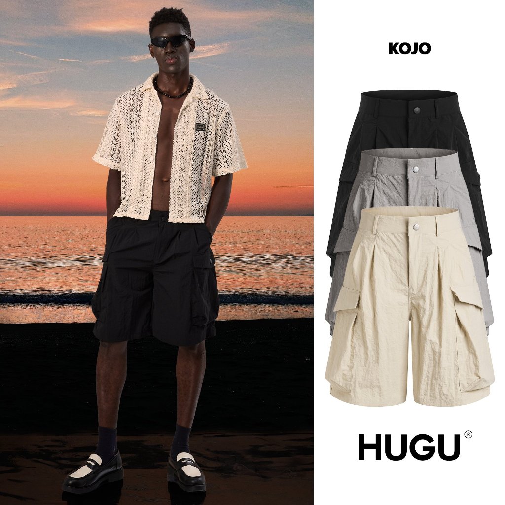 Quần short dù nhăn dày màu đen, be, xám, form regular thoải mái unisex local brand HUGU - KOJO