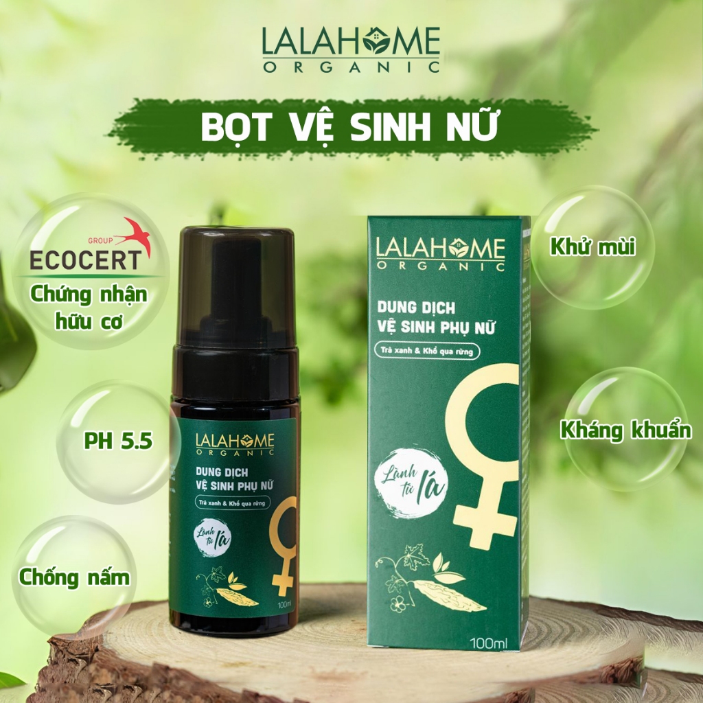 Dung dịch vệ sinh phụ nữ LALAHOME ORGANIC, dạng bọt, tinh chất Trà Xanh, Khổ Qua Rừng - An toàn, thiên nhiên - 100ml