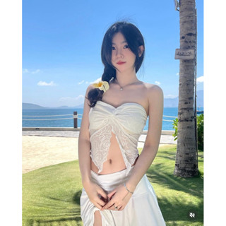 ✨Luminous - Áo quây/ống bất đối xứng xoắn trước ngực lưới ren in hoa✨