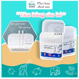 Hộp 200 tăm bông cho bé 2 đầu chất liệu bông khử khuẩn siêu sạch, chăm sóc tai an toàn - Mini Home