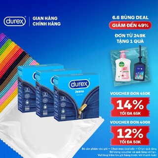 Bộ 3 hộp Durex Jeans cơ bản, bôi trơn (size 52.5mm, 3 bao/hộp)