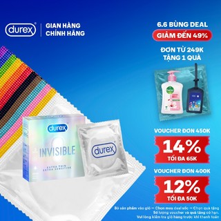 Bao cao su Durex Invisible siêu mỏng, size 52mm, hộp 3 bao