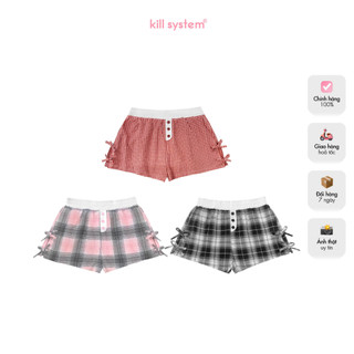  Quần short sọc caro Kill System cạp chun cúc hoa, đính nơ Hè Hè
