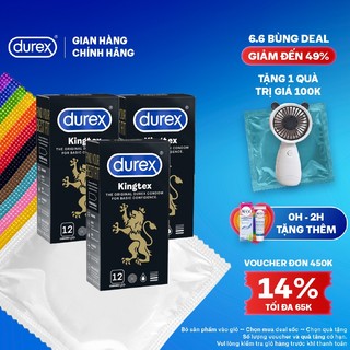 Bộ 3 Durex Kingtex, ôm sát, bôi trơn size 49mm, hộp 12 bao