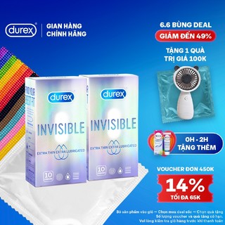 Bộ 2 hộp Durex Invisible Lubricated siêu mỏng, bôi trơn (size 52mm, 10 bao/hộp)