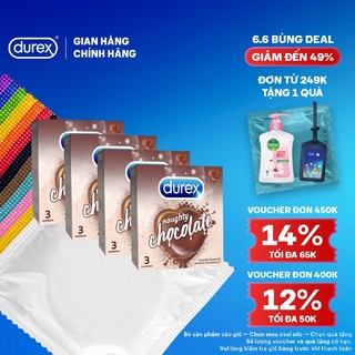 Bộ 4 hộp Durex Naughty Chocolate hương socola (size 53mm, 3 bao/hộp)