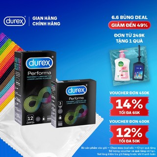 Bộ bao cao su Durex Performa kéo dài thời gian size 52mm, 1 hộp 12 bao và 1 hộp 3 bao