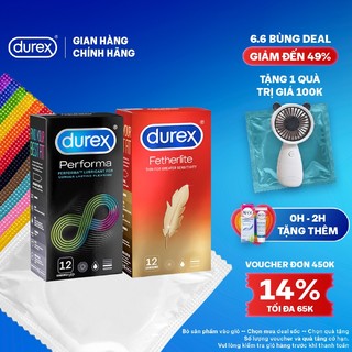 Bộ 1 hộp bao cao su Durex Performa kéo dài thời gian 52mm+ 1 hộp bao cao Durex Fetherlite siêu mỏng 52.5mm, 12 bao/hộp