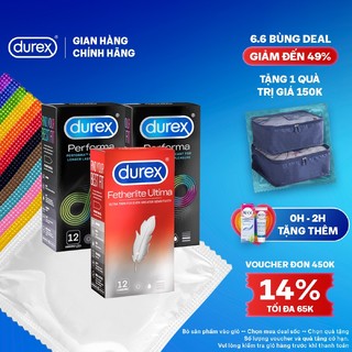 Bộ 2 bao cao su Durex Performa kéo dài thời gian và 1 Durex Durex Fetherlite Ultima siêu mỏng (size 52mm, hộp 12 bao)