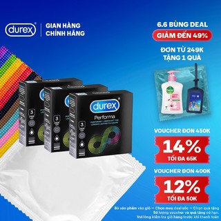 Bộ 3 hộp Durex Performa kéo dài thời gian, size 52mm, 3 bao/hộp