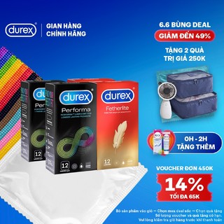 Bộ 2 hộp Durex Performa kéo dài thời gian size 52mm và 2 Durex Fetherlite siêu mỏng size 52.5mm