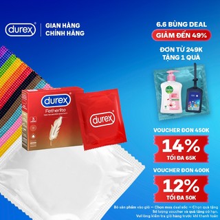 Bao cao su Durex Fetherlite siêu mỏng, size 52.5mm, 3 bao/hộp