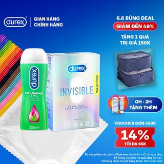 Combo Bao cao su Durex Invisible hộp 16 bao + Gel bôi trơn Durex Massage 2 in 1 200ml/chai