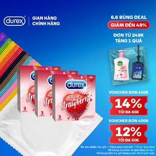 Bộ 3 hộp Durex Sensual Strawberry hương dâu (size 53mm, 3 bao/hộp)